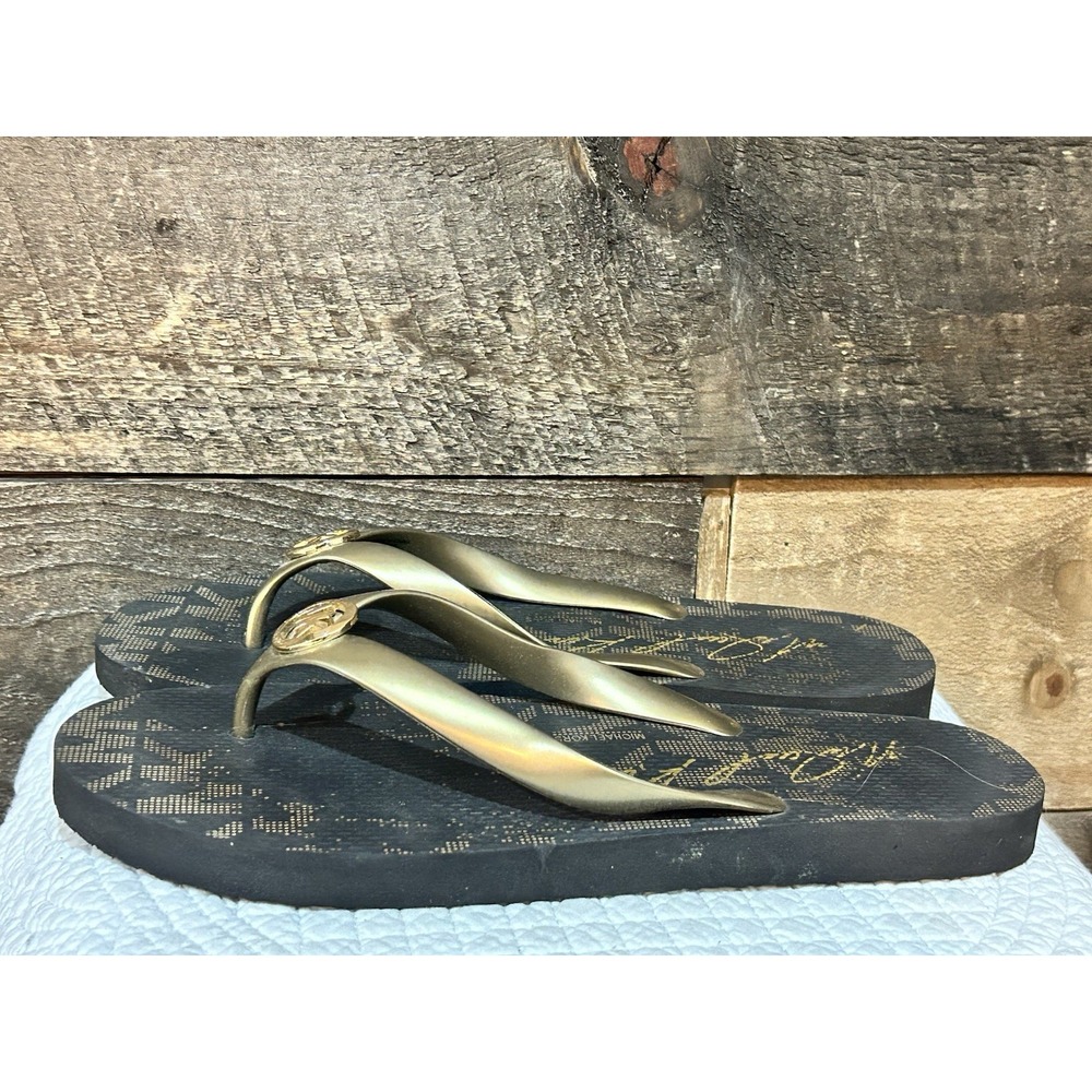 MICHAEL KORS Brown / Gold Metal MK Charm Logo Women Flip Flops 10
